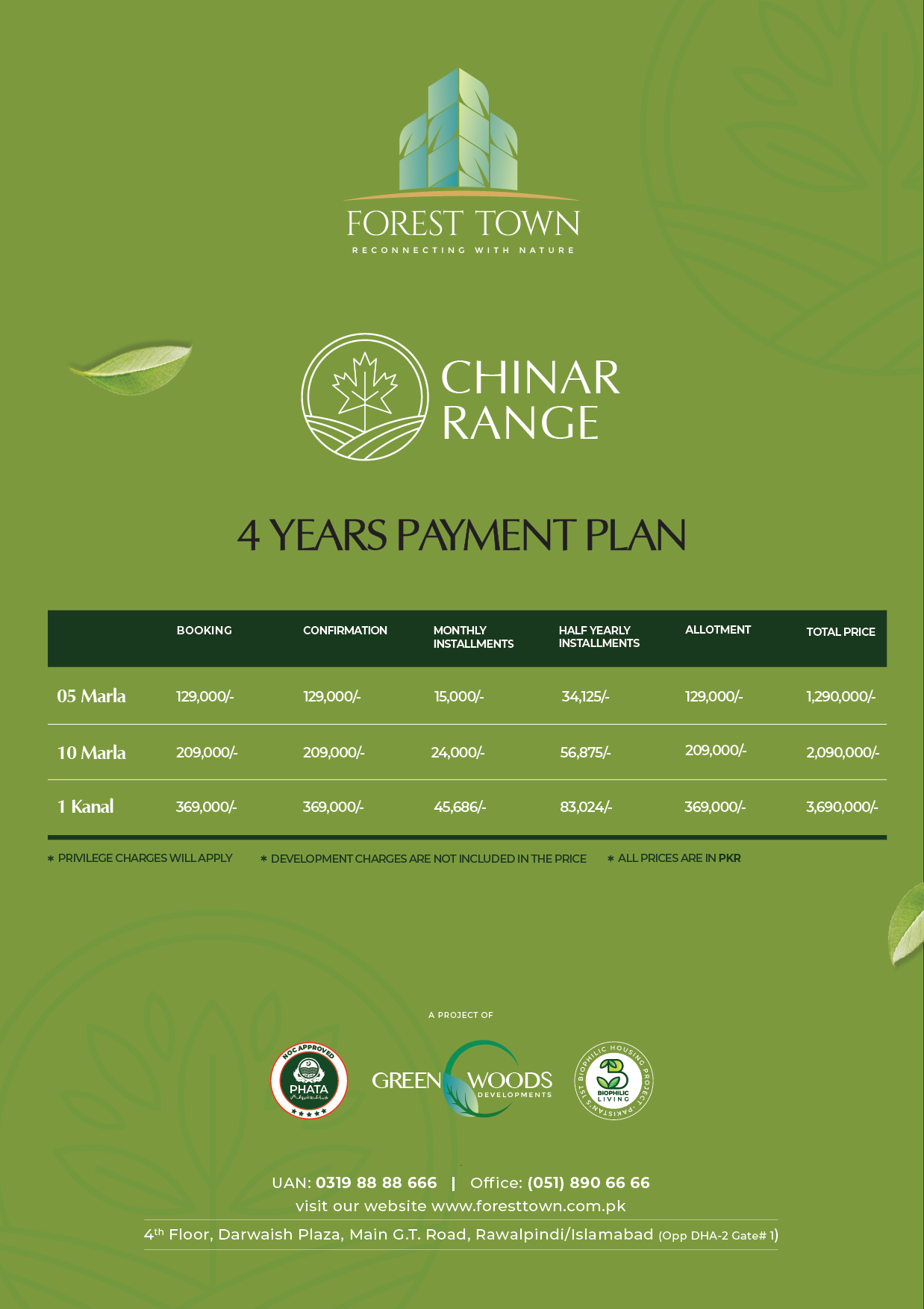 Forest Town Chinar Range payment plans, showing installment options for residential plots in Pakistan's first biophilic housing society.