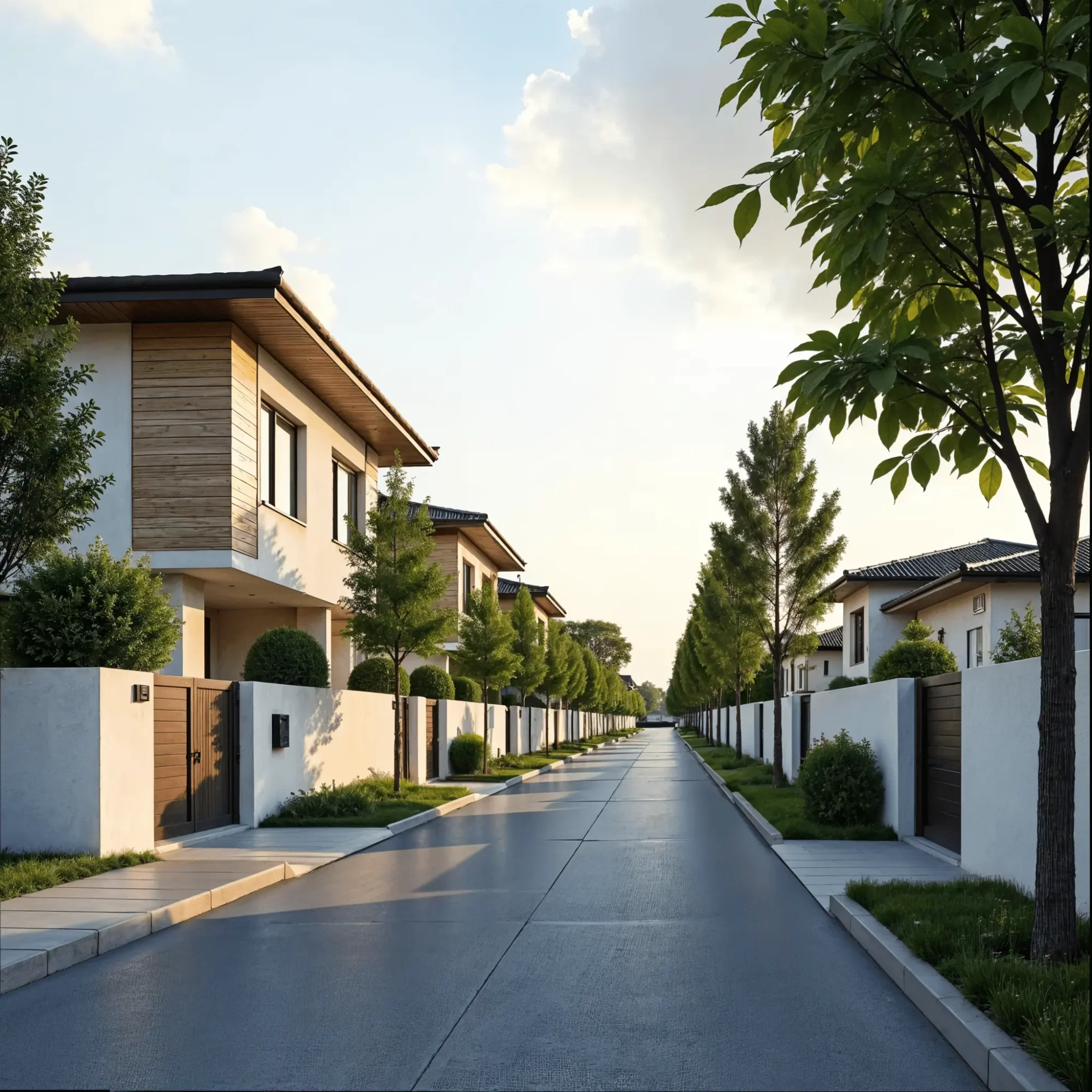 Modern street in Chinar Range, Forest Town featuring luxury homes, tree-lined sidewalks, and peaceful surroundings under a clear sky.