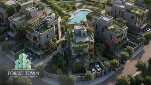 Luxury modern villas in Forest Town residential development with rooftop gardens and central swimming pool.