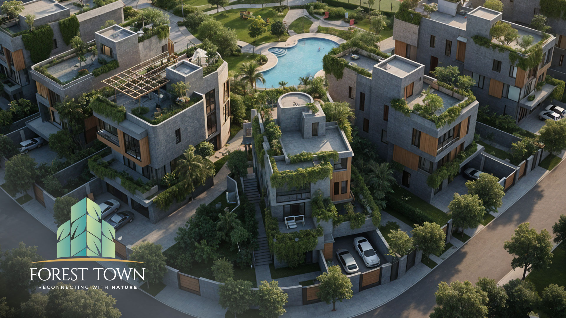 Luxury modern villas in Forest Town residential development with rooftop gardens and central swimming pool.